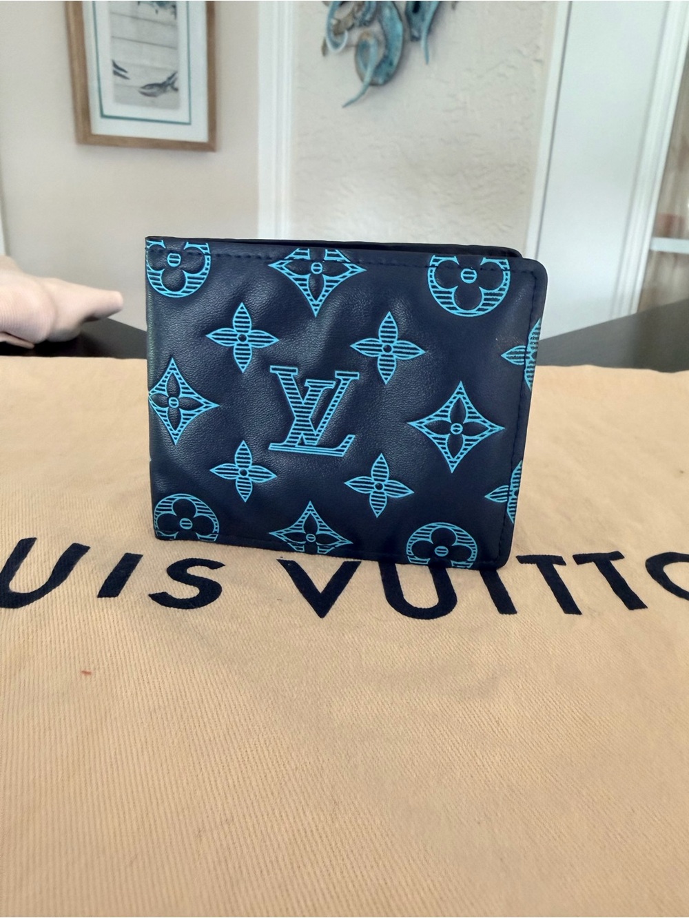 L V Designer fashion Monogram Neon Blue Men's Bi-Fold Wallet